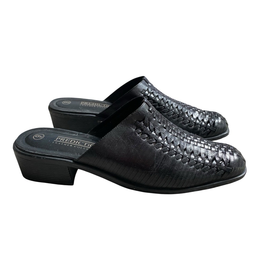 Predictions Leather Collection Mules  Women's Size 9 7 Black Slip-On Block Heels